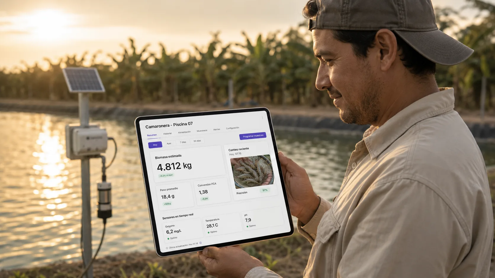 Productor ecuatoriano monitoreando un cultivo de banano y una piscina camaronera desde un tablero IoT en tablet