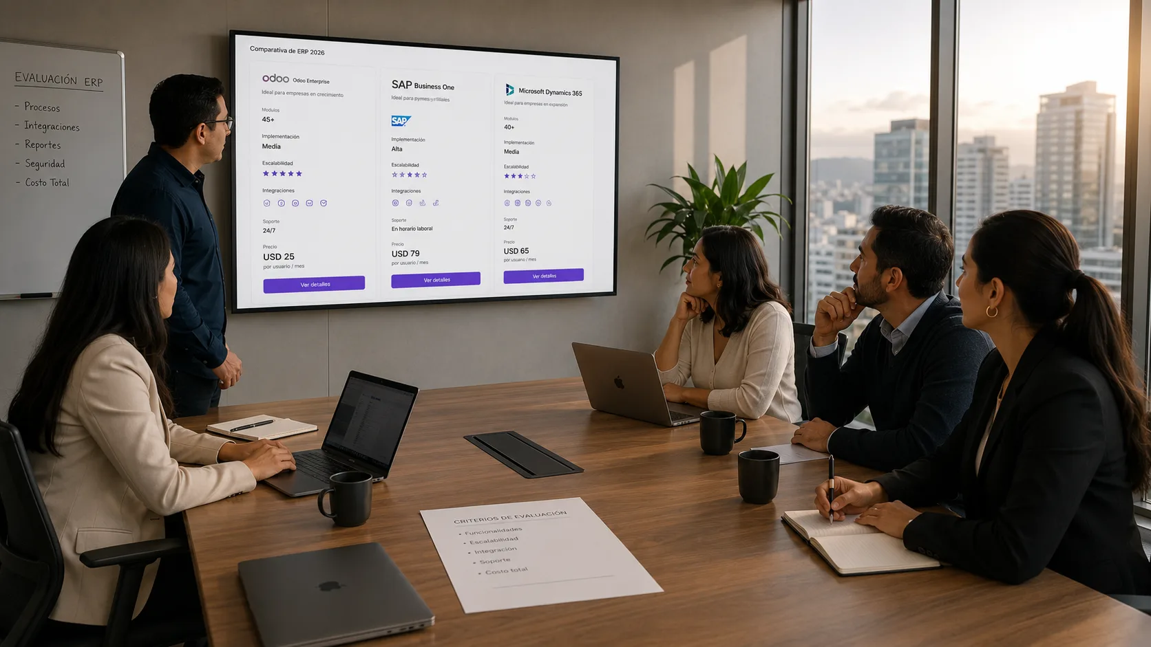 Vista amplia de una oficina ejecutiva moderna con un CFO revisando un dashboard ERP en monitor grande con módulo de facturación SRI 2026 con transmisión inmediata activa