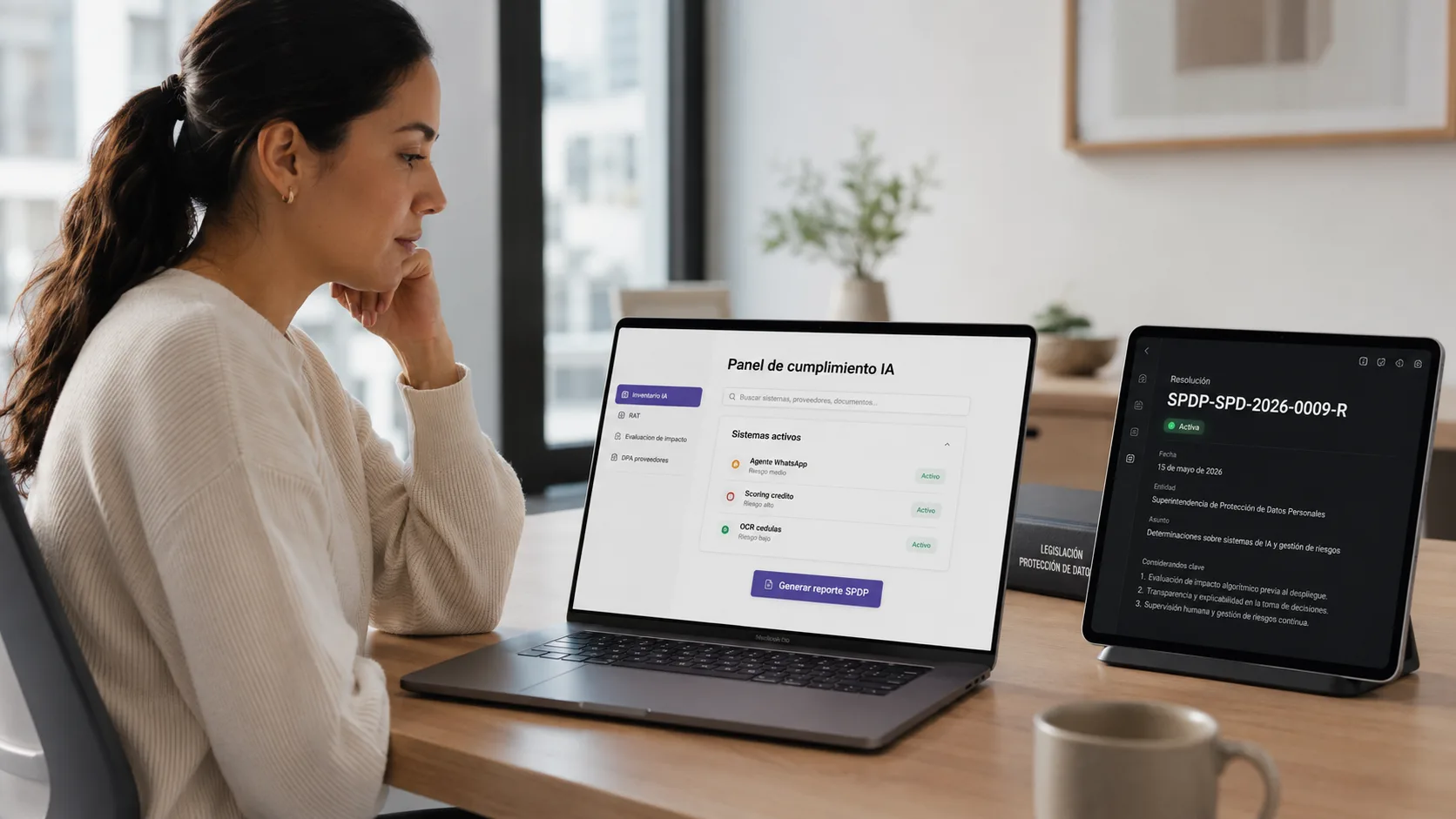 Equipo legal y de ingeniería revisando un sistema de IA con tablero de cumplimiento LOPDP en pantalla
