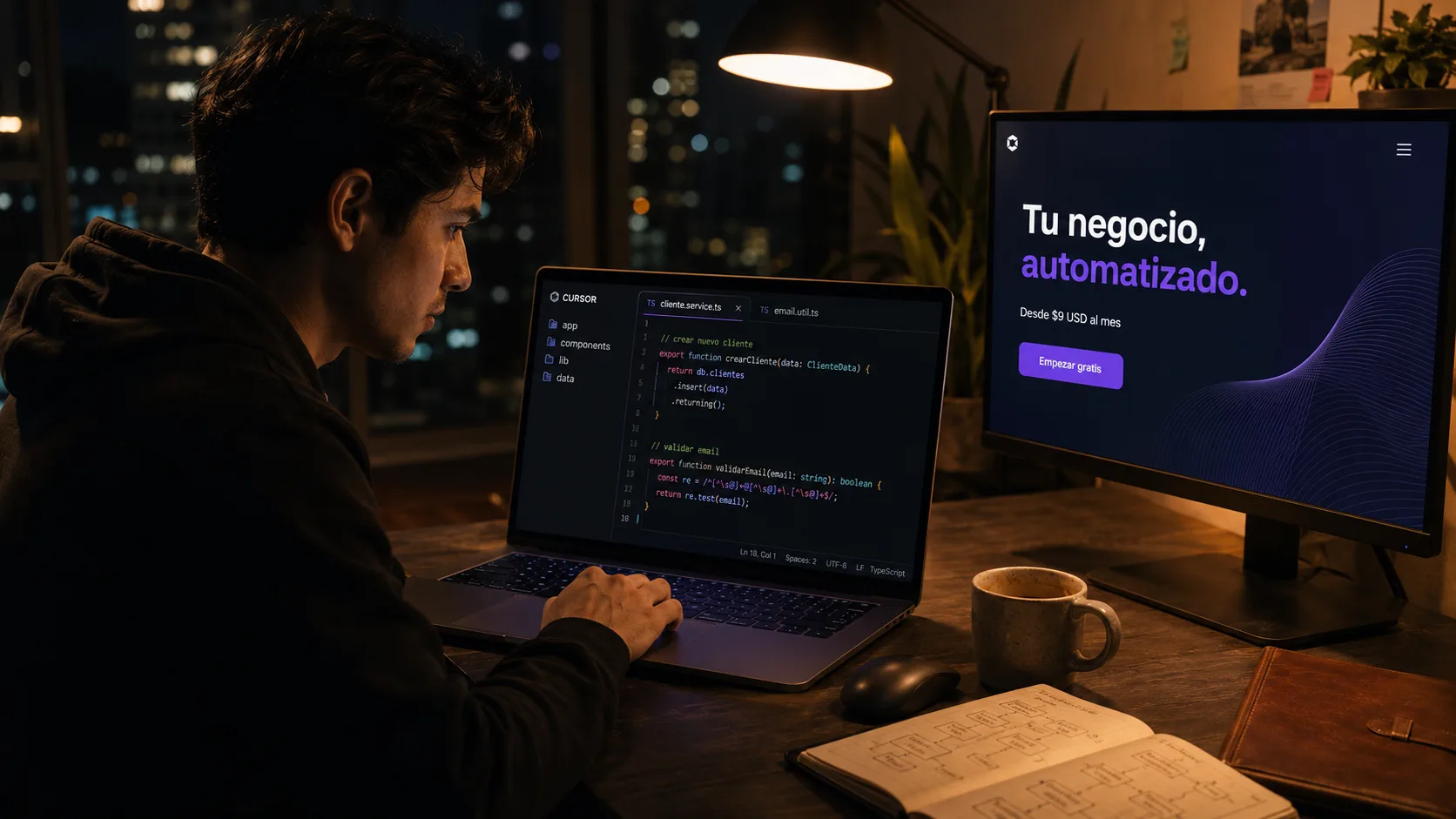 Fundador en Ecuador construyendo un SaaS con asistencia de IA en su computador