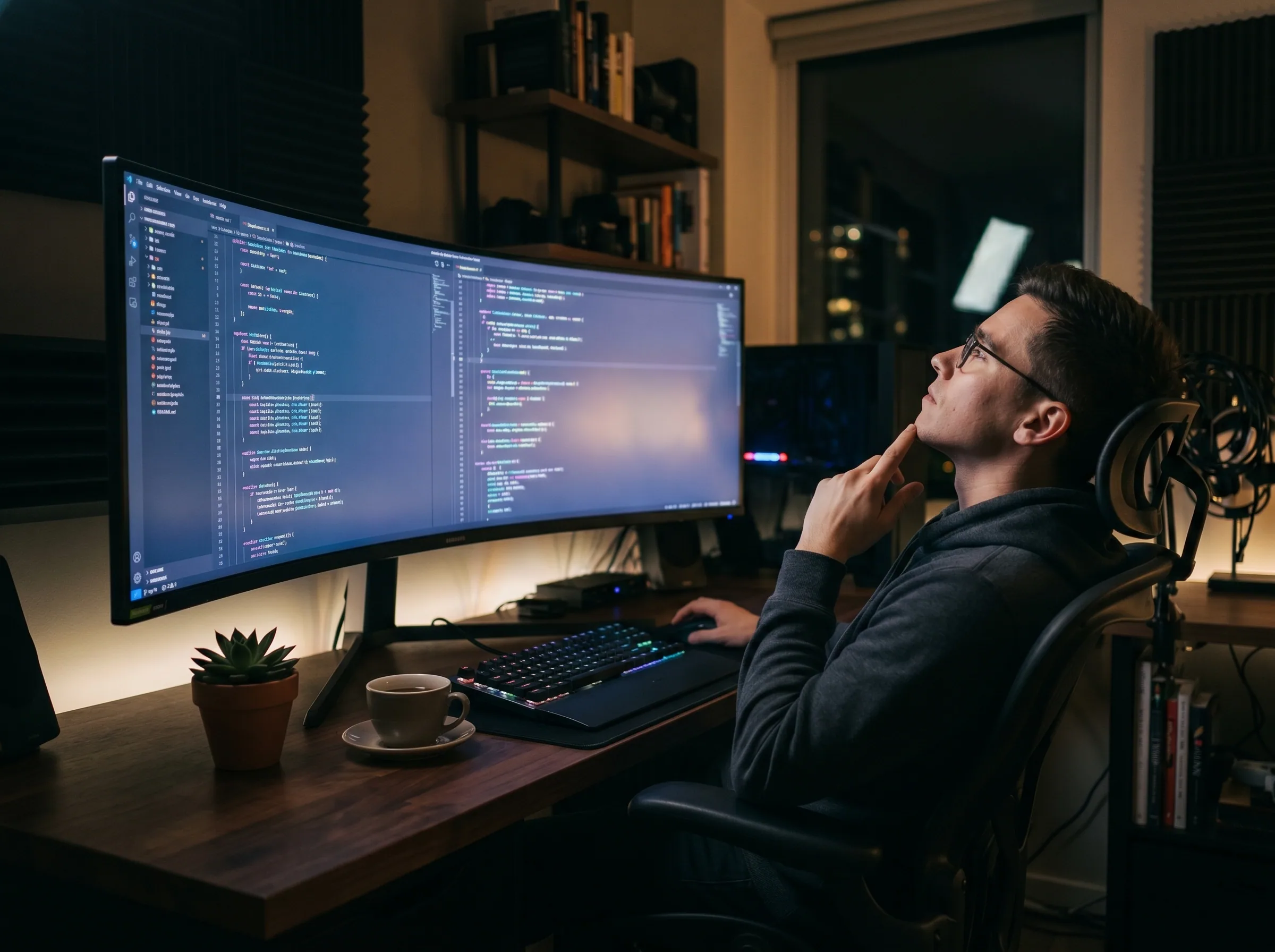 Emprendedor ecuatoriano revisando código de una plataforma fallida en su laptop