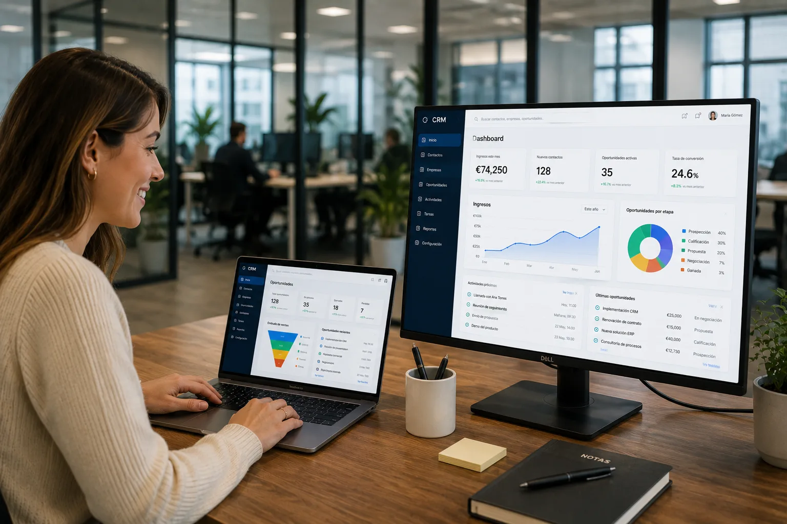 CRM a medida en Ecuador: dashboard con embudo de ventas, WhatsApp Business con IA y reportes del equipo desarrollado por NM Tech Studio