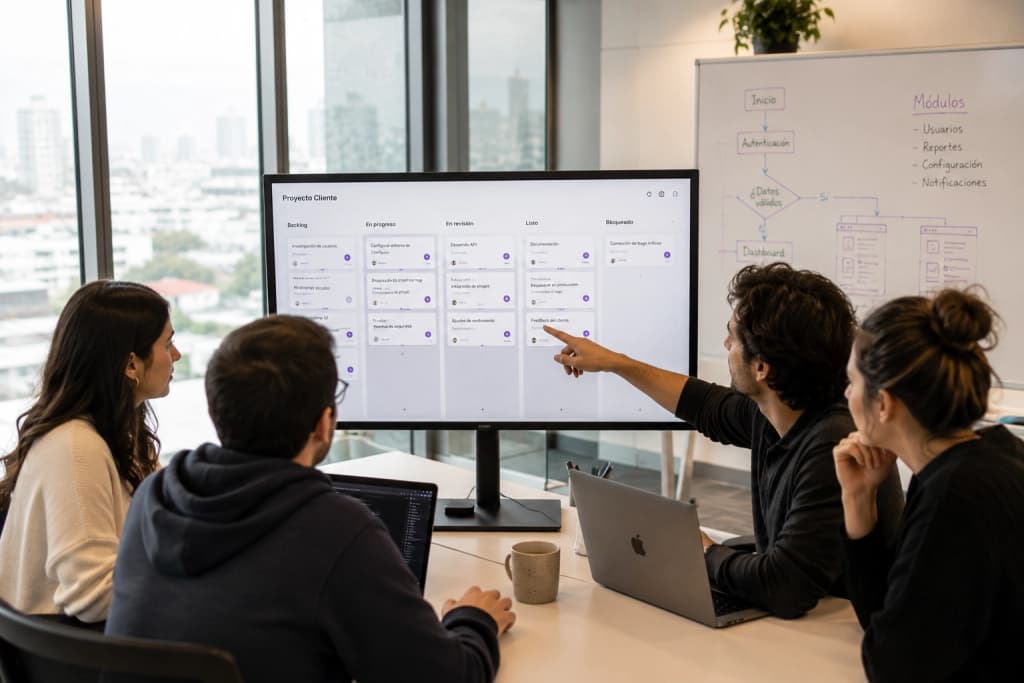 Equipo de NM Tech Studio diseñando un CRM a medida con integración WhatsApp Business para empresas ecuatorianas