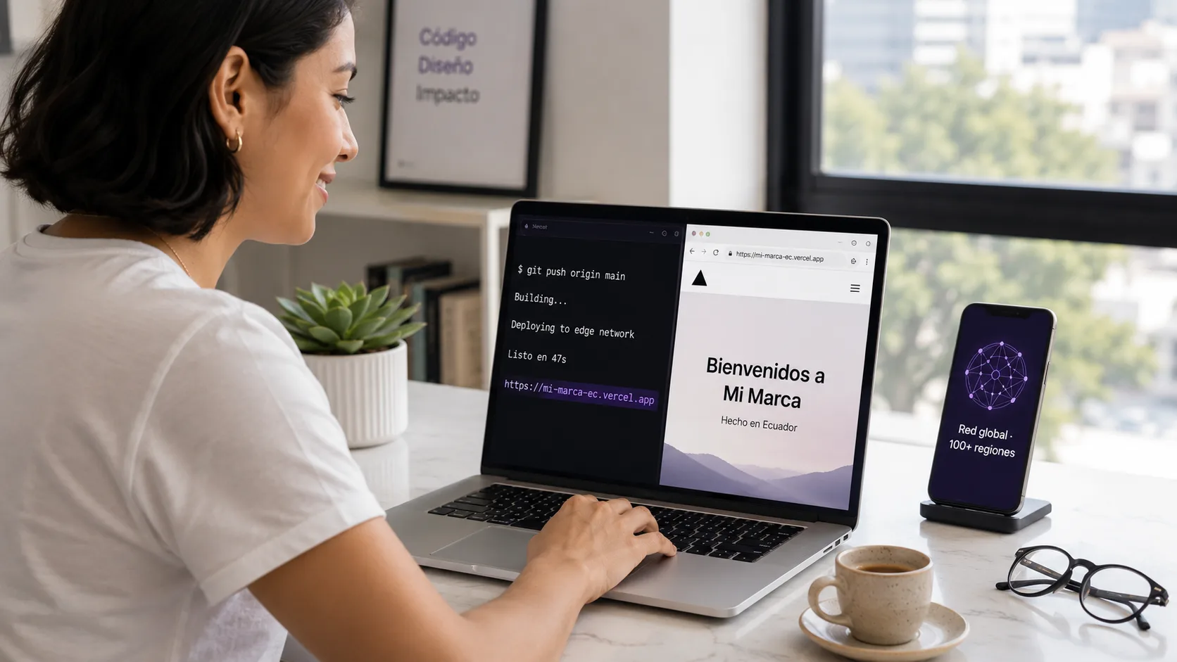 Desarrollador desplegando una página web en Vercel desde la terminal con el plan Hobby gratis