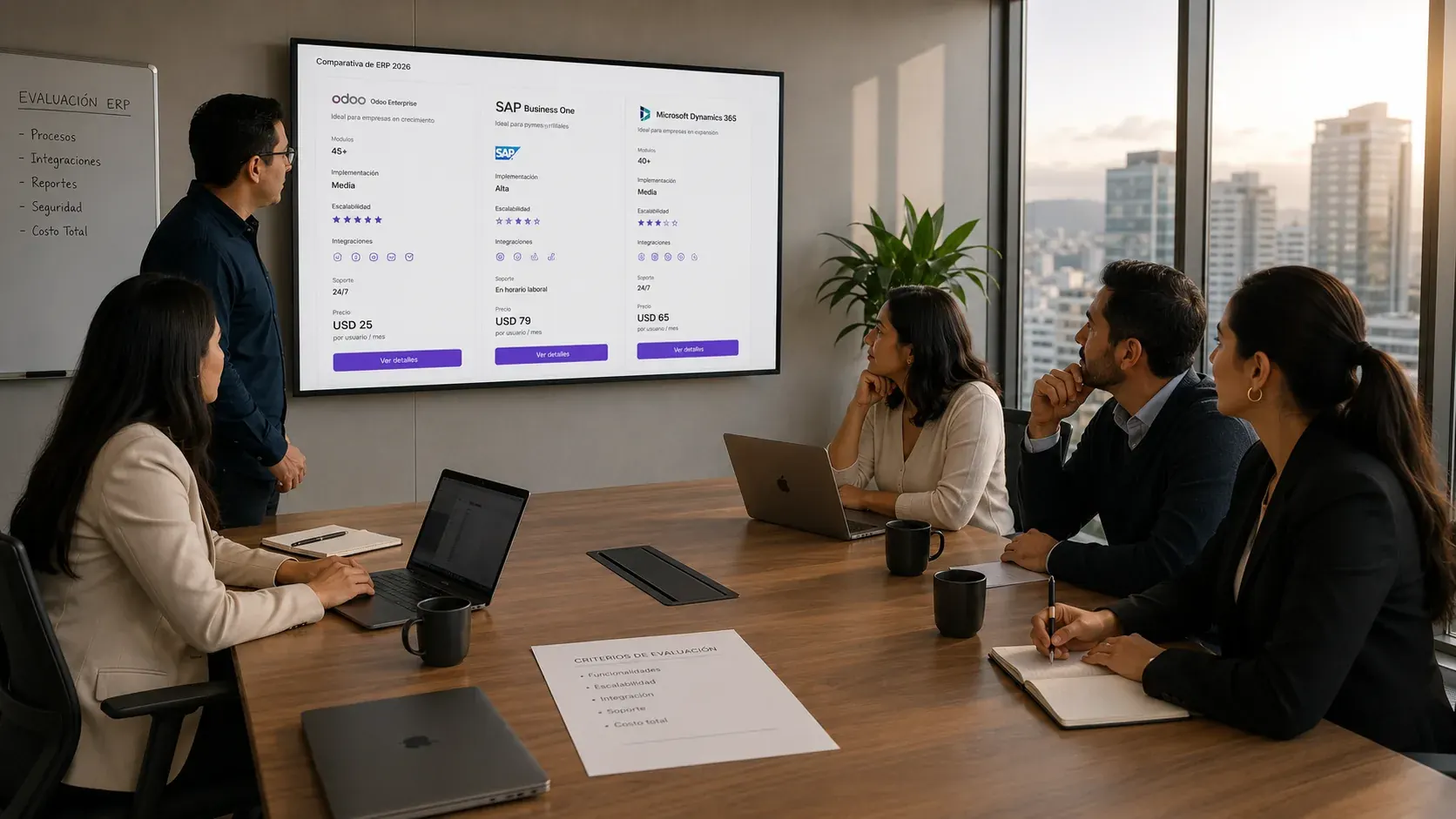 Vista amplia de una oficina ejecutiva moderna con un CFO revisando un dashboard ERP en monitor grande con módulo de facturación SRI 2026 con transmisión inmediata activa