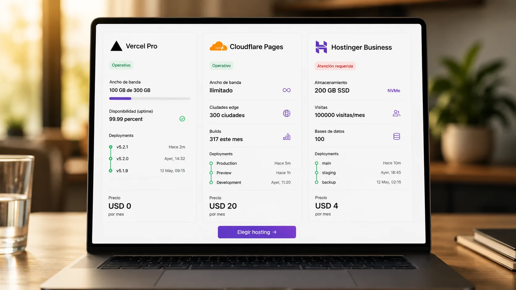 Comparativa de dashboards de Vercel, Cloudflare Pages y Hostinger en tres pantallas paralelas mostrando métricas de hosting moderno 2026