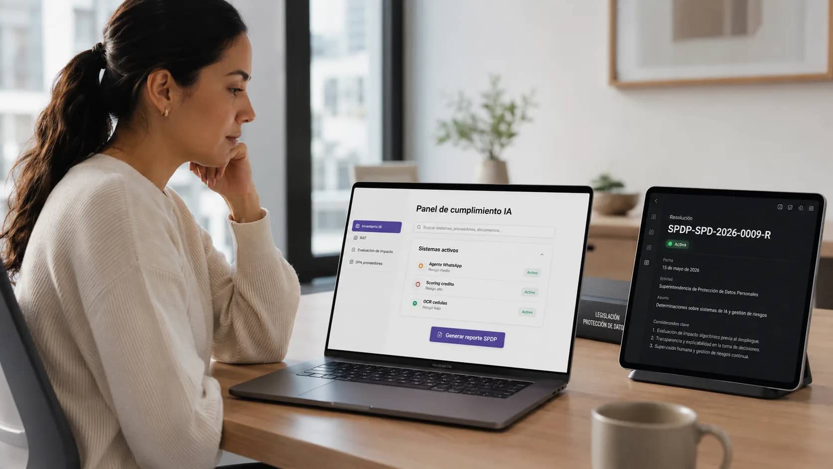 Equipo legal y de ingeniería revisando un sistema de IA con tablero de cumplimiento LOPDP en pantalla