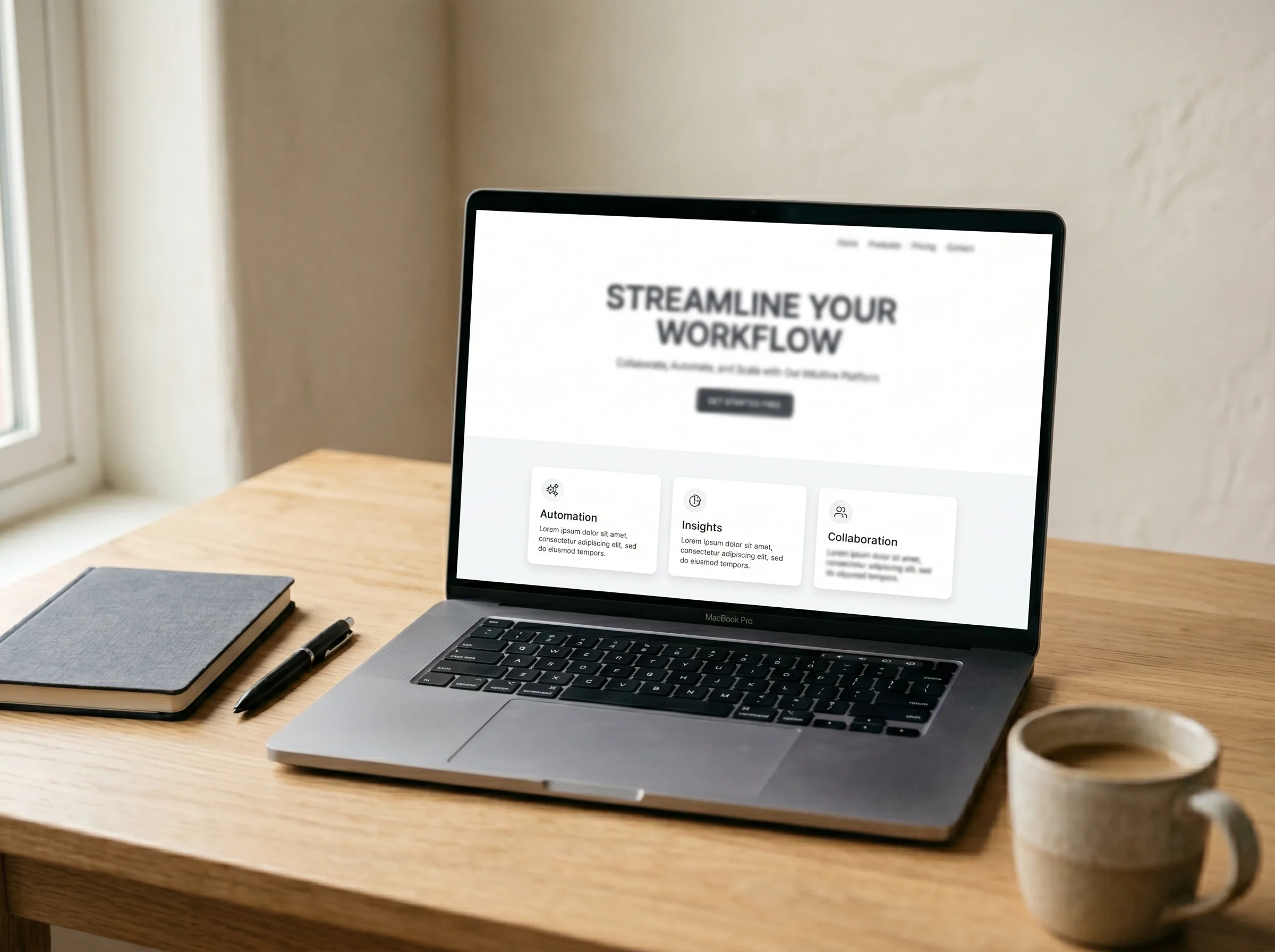 Landing page de campaña abierta en una laptop junto a métricas de anuncios pagados
