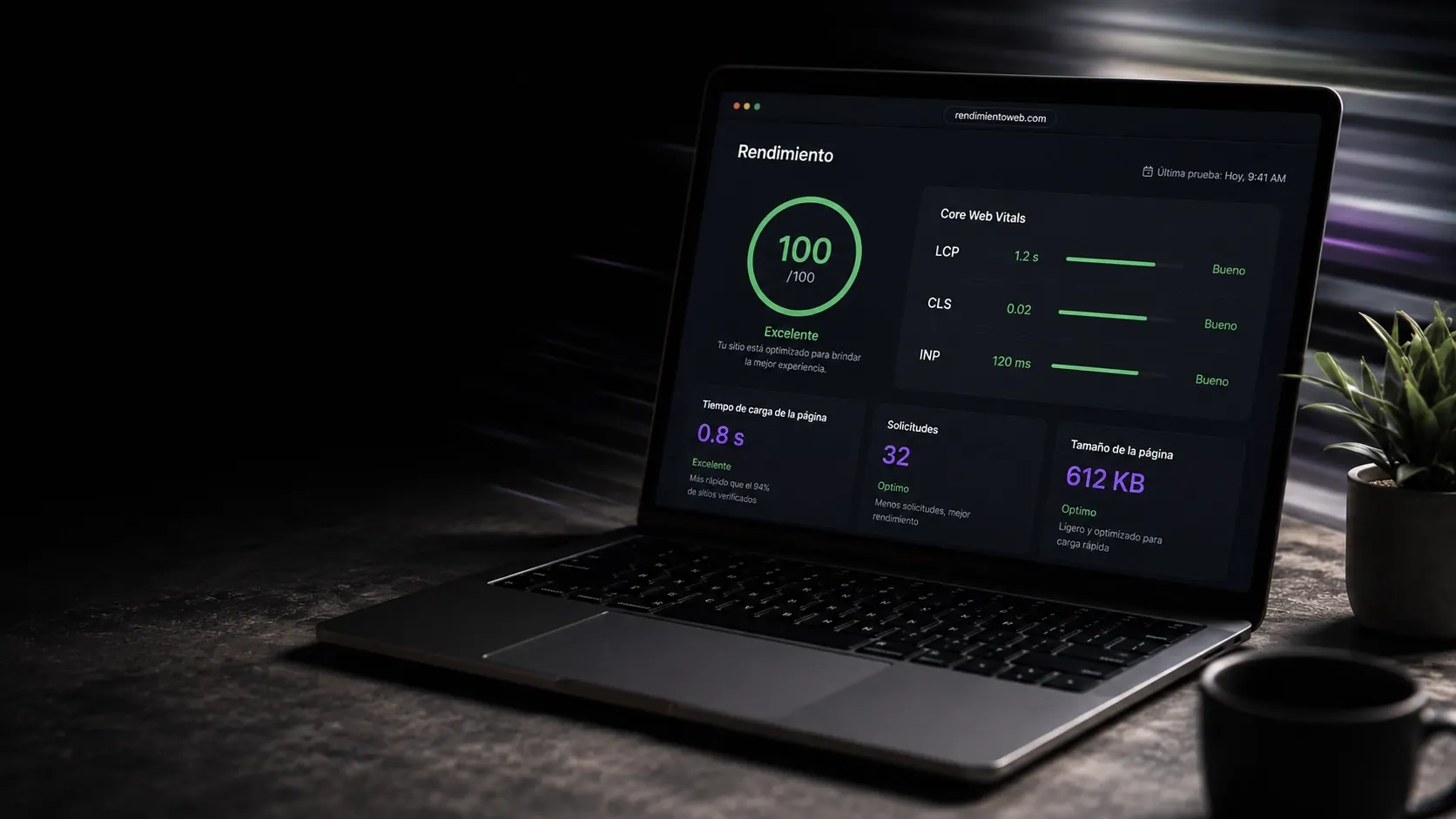 Sitio web cargando con métricas de performance y Core Web Vitals optimizados
